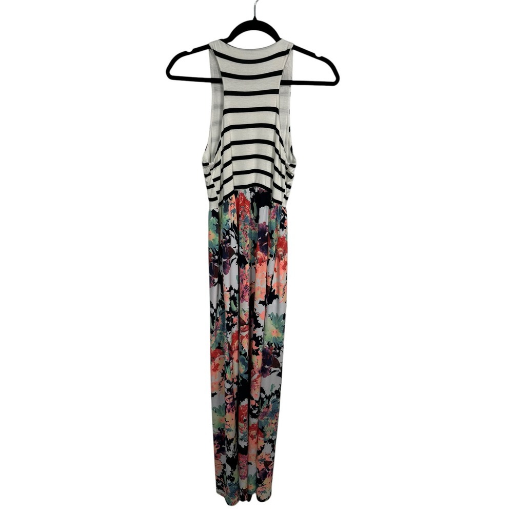 Beeson River White Black Striped Floral Print Sleeveless Maxi Dress Size‎ Medium